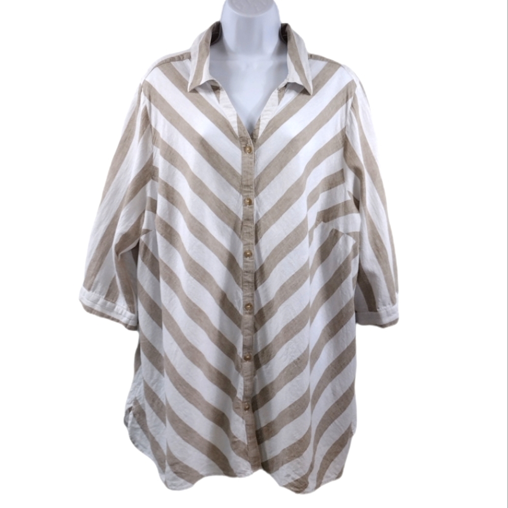 Catherines Beige and White Striped Button-Down Shirt